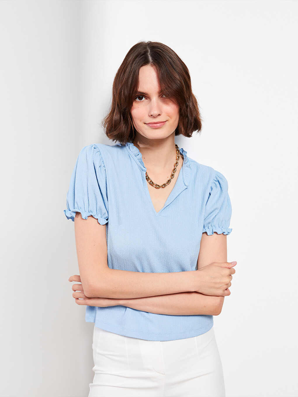 Henley Neckline Short Sleeve Women's Crepe T-Shirt-1