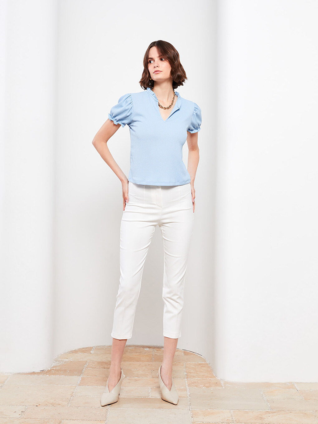Henley Neckline Short Sleeve Women's Crepe T-Shirt-2