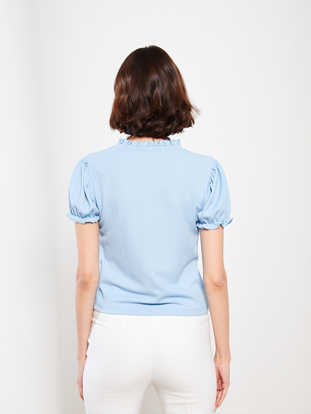 Henley Neckline Short Sleeve Women's Crepe T-Shirt-4