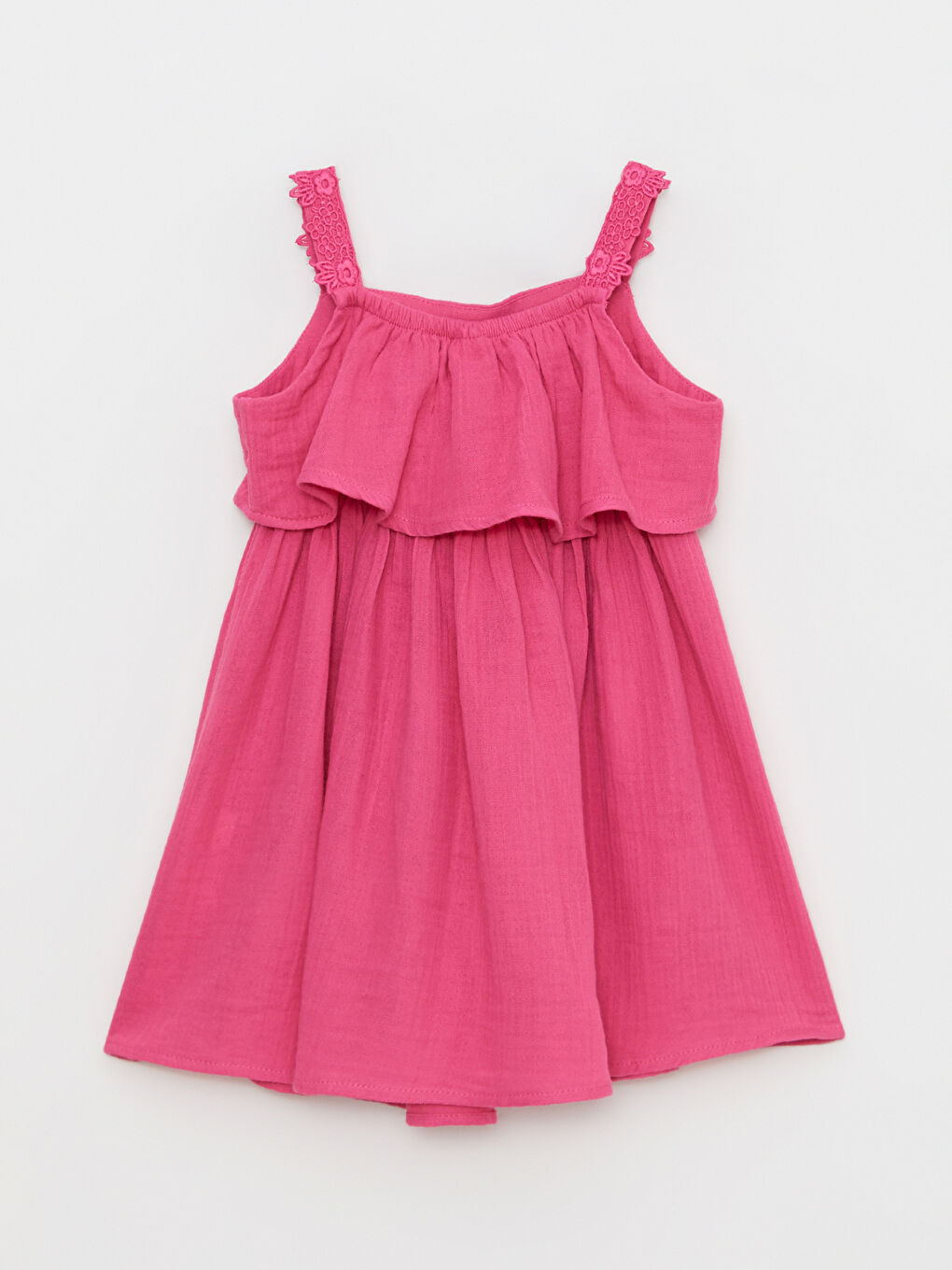 Fuşya Kare Yaka Askılı Basic Kız Bebek Elbise-1