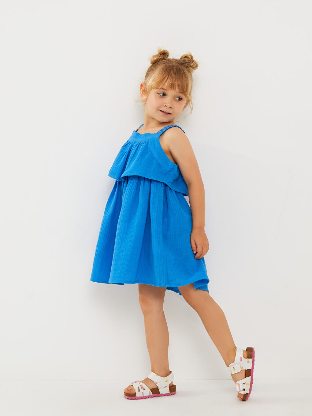 Mavi Kare Yaka Askılı Basic Kız Bebek Elbise-1