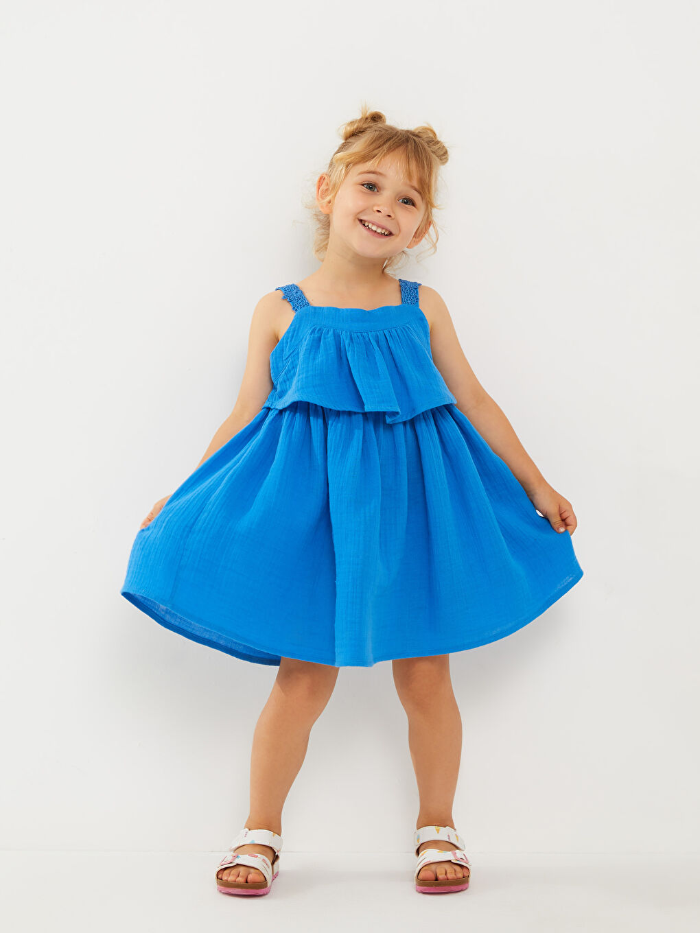 Mavi Kare Yaka Askılı Basic Kız Bebek Elbise