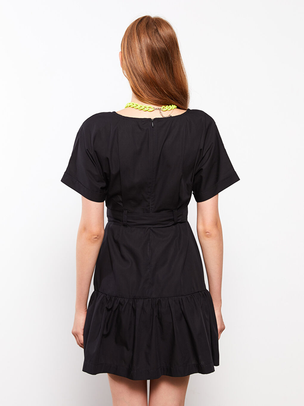 LCW Limited Siyah V Yaka Düz Kısa Kollu Poplin Kadın Elbise - 4