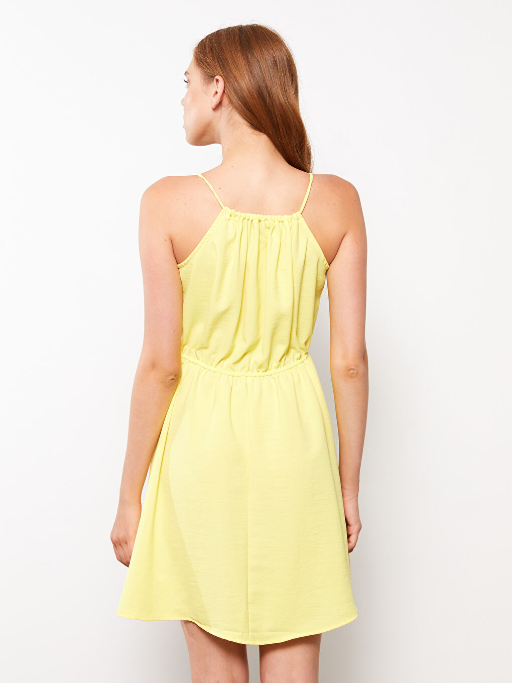 Sarı Halter Yaka Düz Askılı Kadın Elbise-4