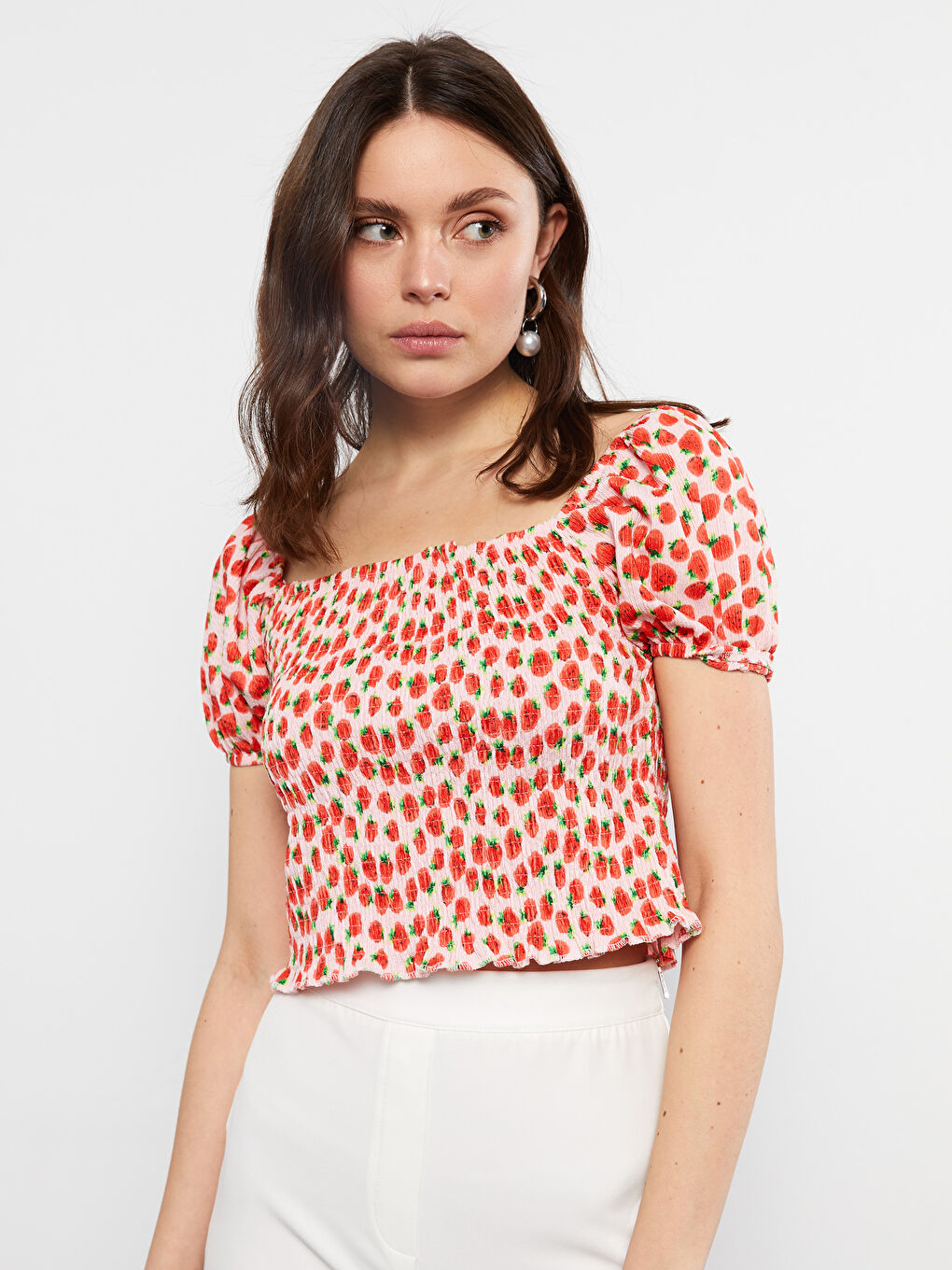 Pembe Kayık Yaka Desenli Kısa Kollu Crop Kadın Bluz-3