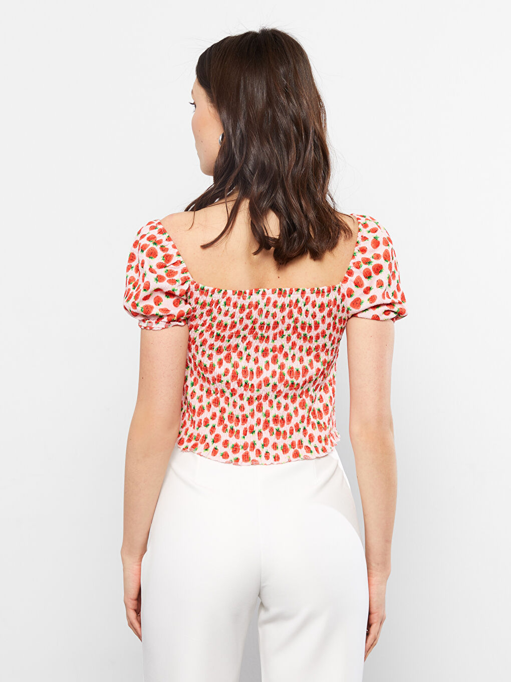 Pembe Kayık Yaka Desenli Kısa Kollu Crop Kadın Bluz-4