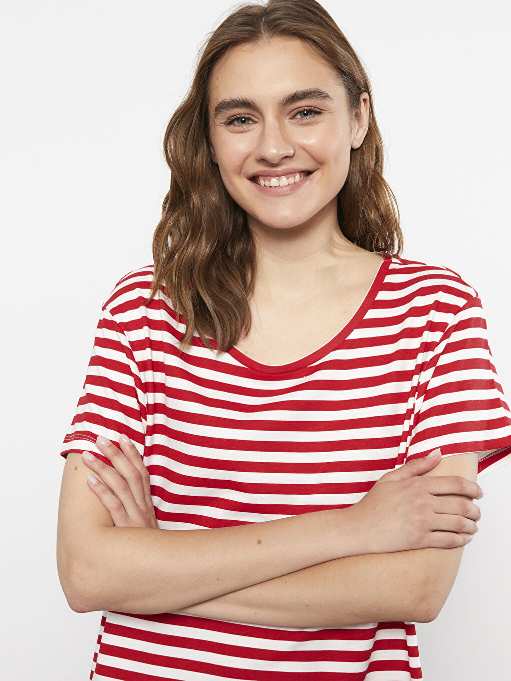 Kırmızı Bisiklet Yaka Çizgili Kısa Kollu Pamuklu Kadın Gecelik-2