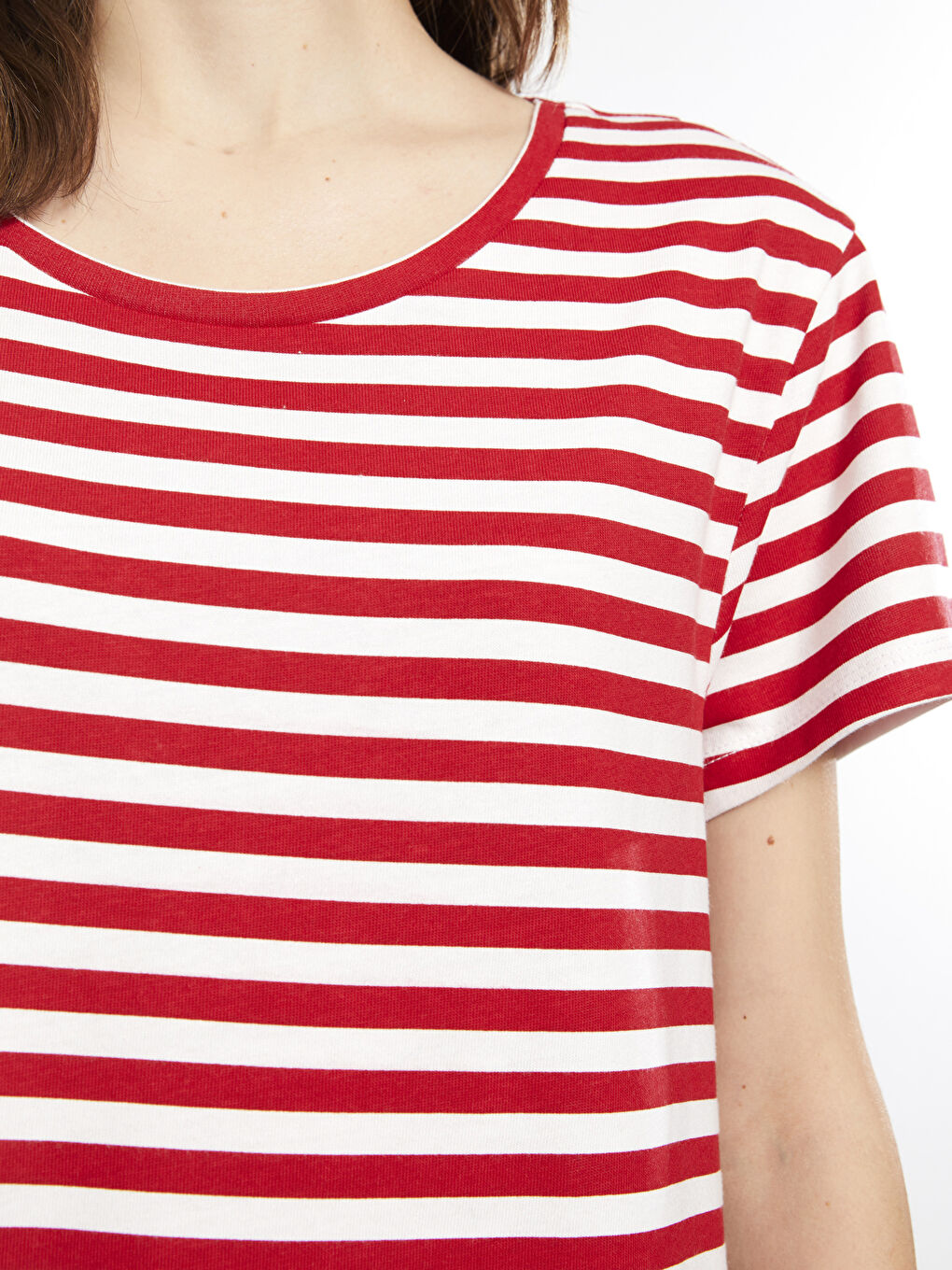 Kırmızı Bisiklet Yaka Çizgili Kısa Kollu Pamuklu Kadın Gecelik-3