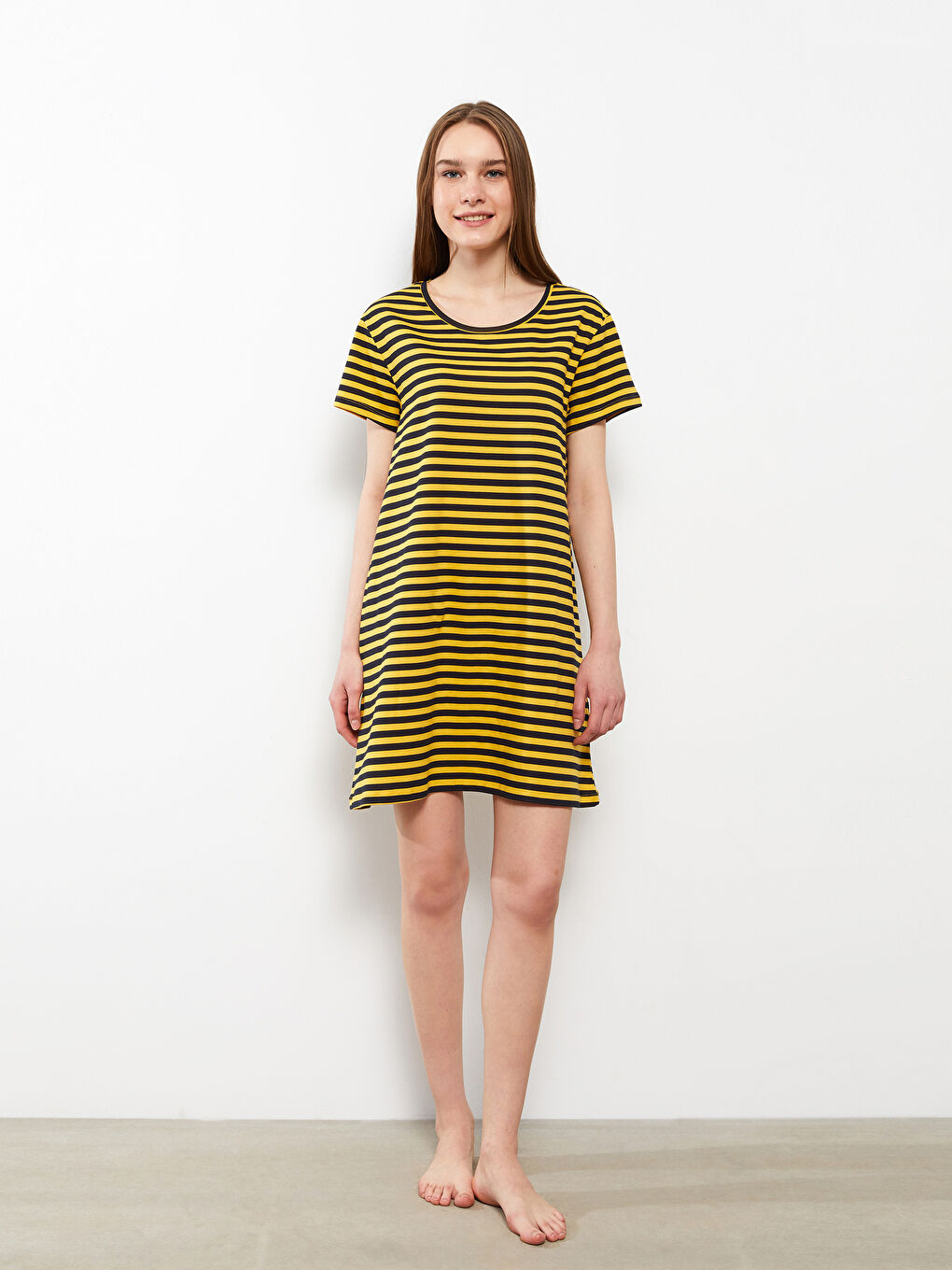 Crew Neck Striped Short Sleeve Cotton Women's Nightgown -S2LG52Z8-LKF
