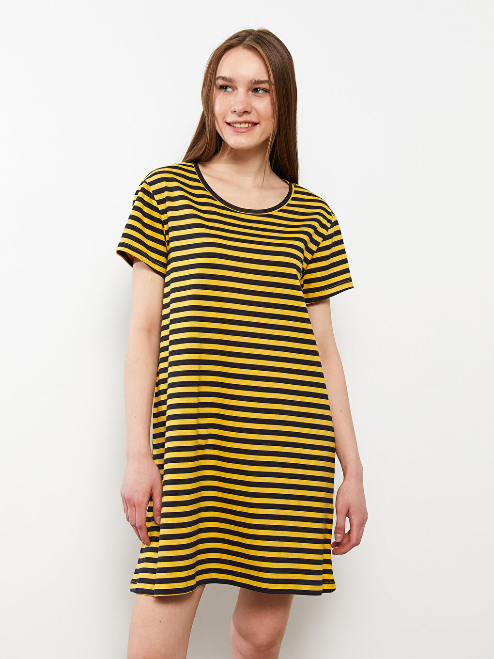 Crew Neck Striped Short Sleeve Cotton Women's Nightgown -S2LG52Z8-LKF
