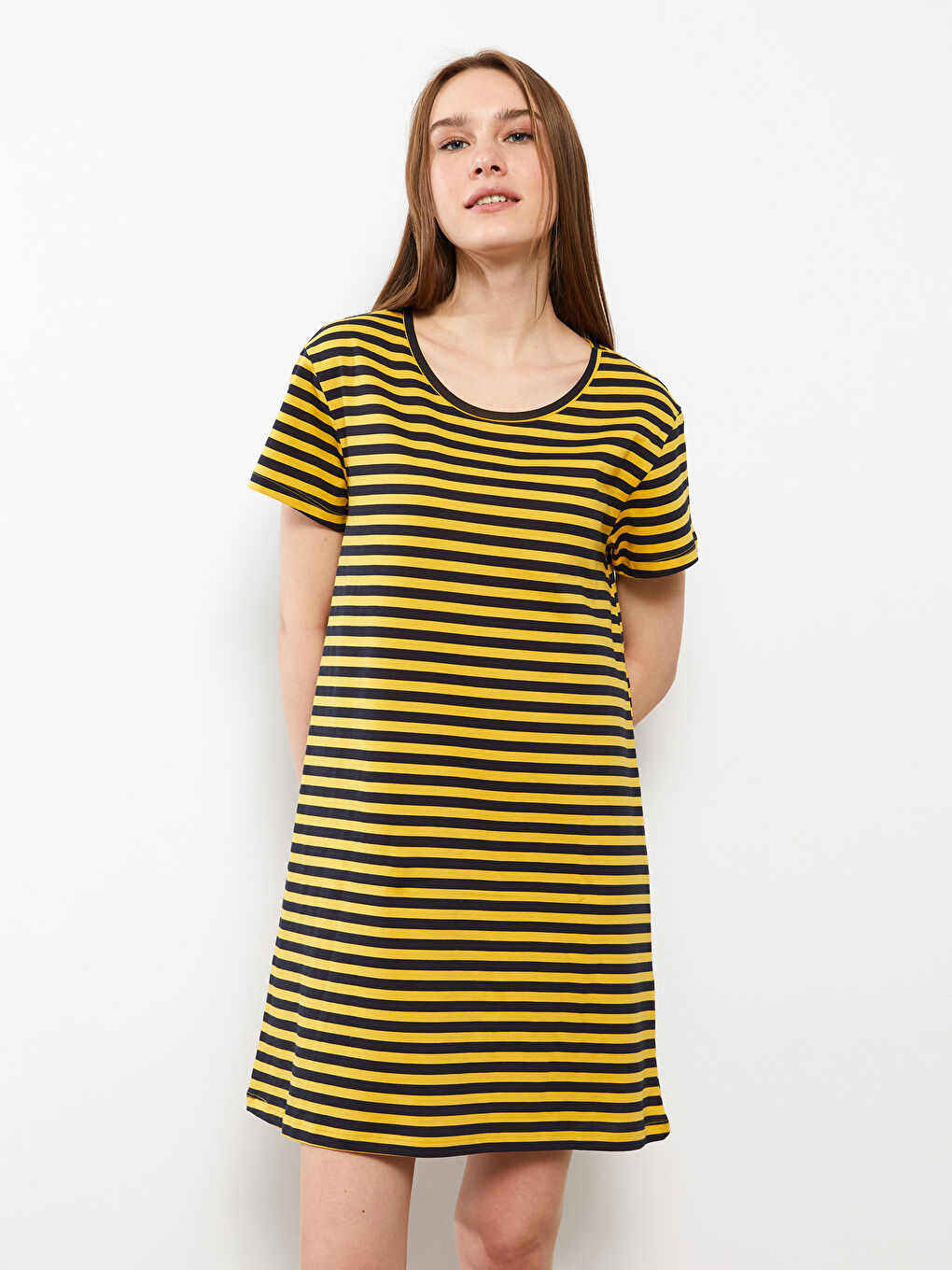 Crew Neck Striped Short Sleeve Cotton Women's Nightgown -S2LG52Z8-LKF