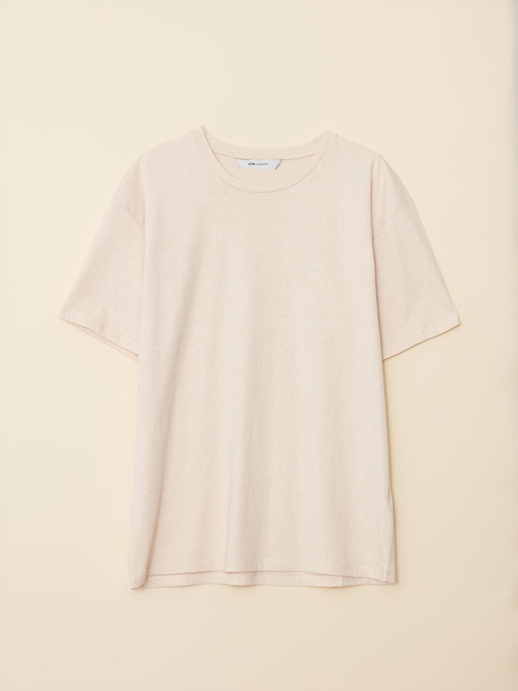 Bej Bisiklet Yaka Kısa Kollu Basic Penye Erkek Tişört-4