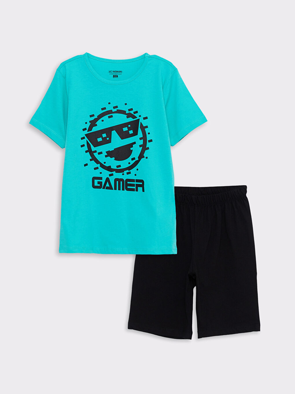 Turkuaz Bisiklet Yaka Baskılı Kısa Kollu Erkek Çocuk Şortlu Pijama Takımı