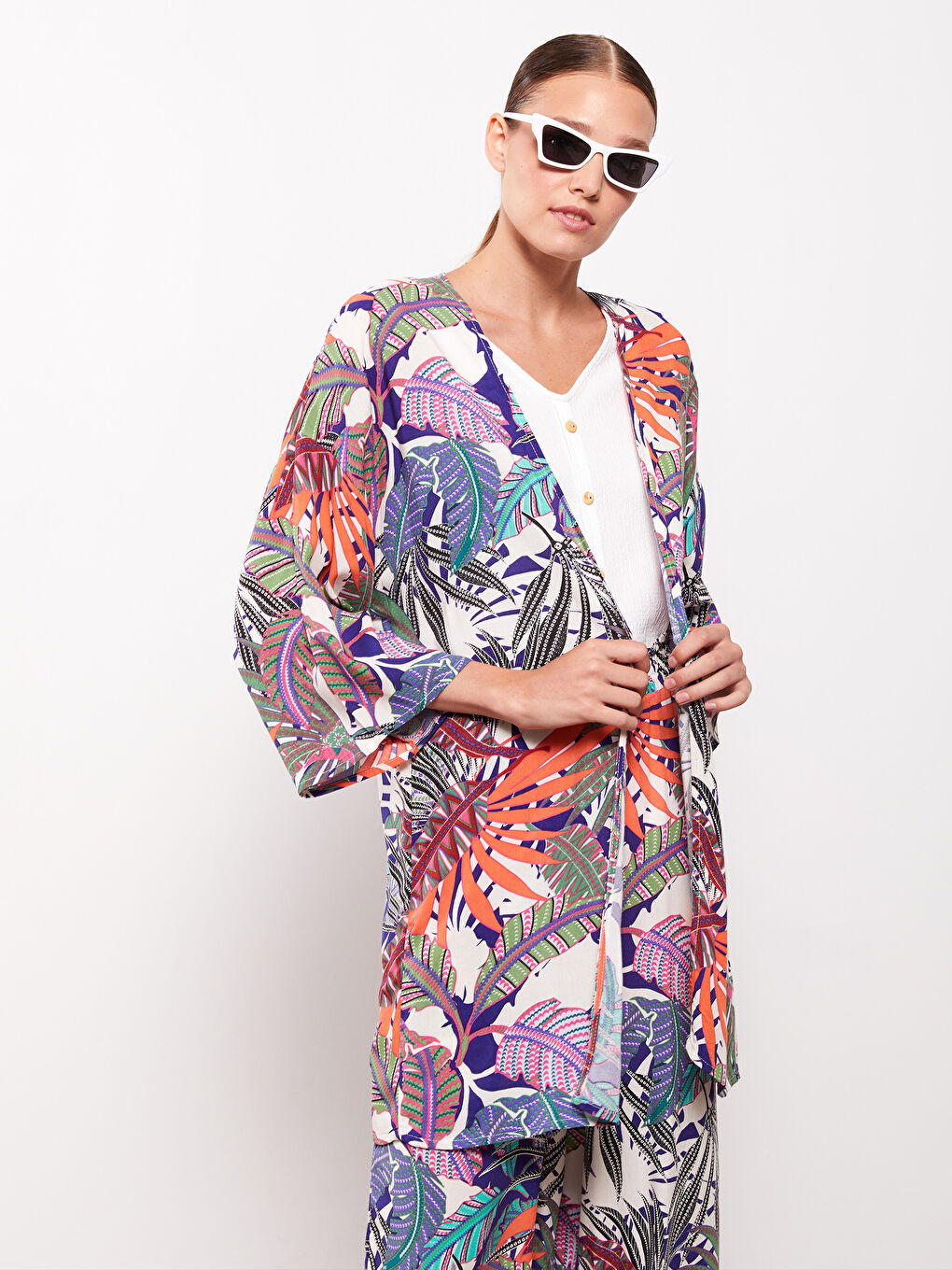 Shawl Collar Patterned Viscose Women's Kimono