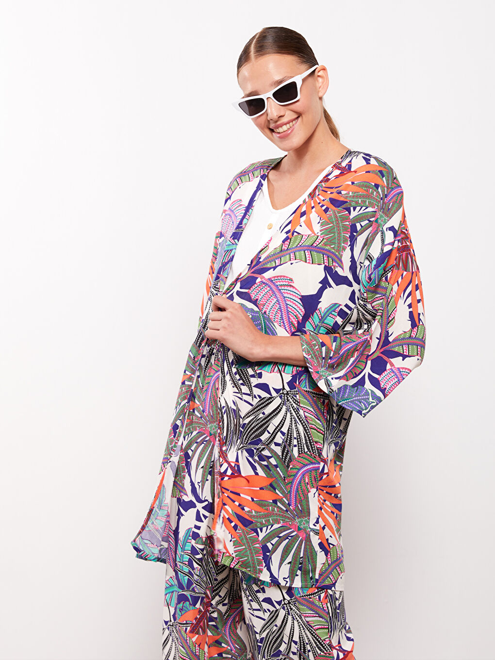 Shawl Collar Patterned Viscose Women's Kimono-1