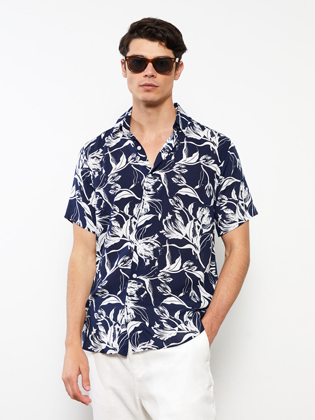 Lacivert Regular Fit Kısa Kollu Desenli Erkek Gömlek