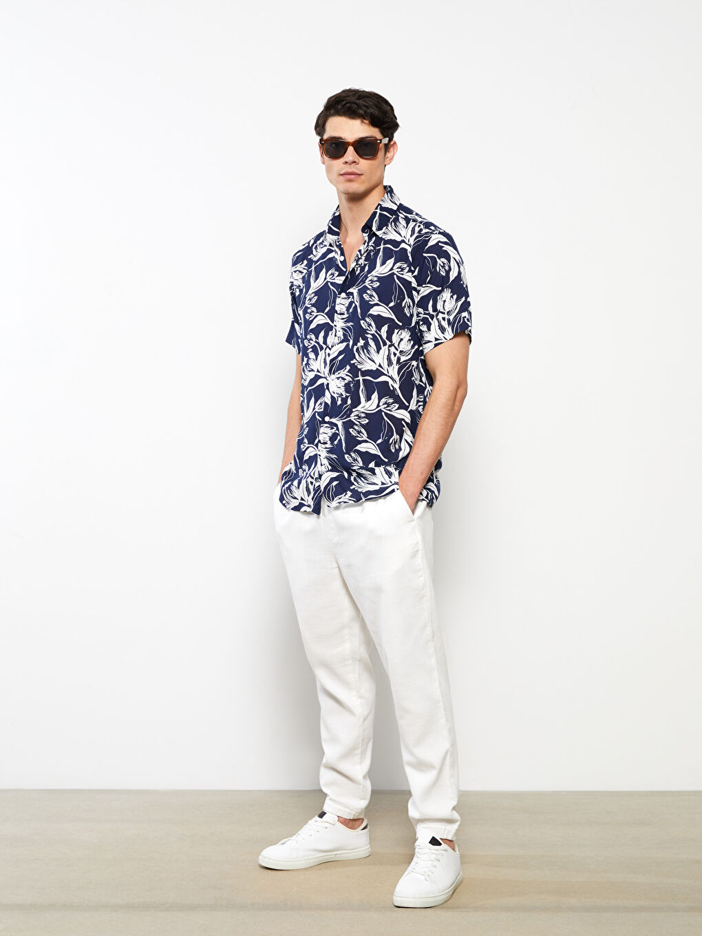 Lacivert Regular Fit Kısa Kollu Desenli Erkek Gömlek-2