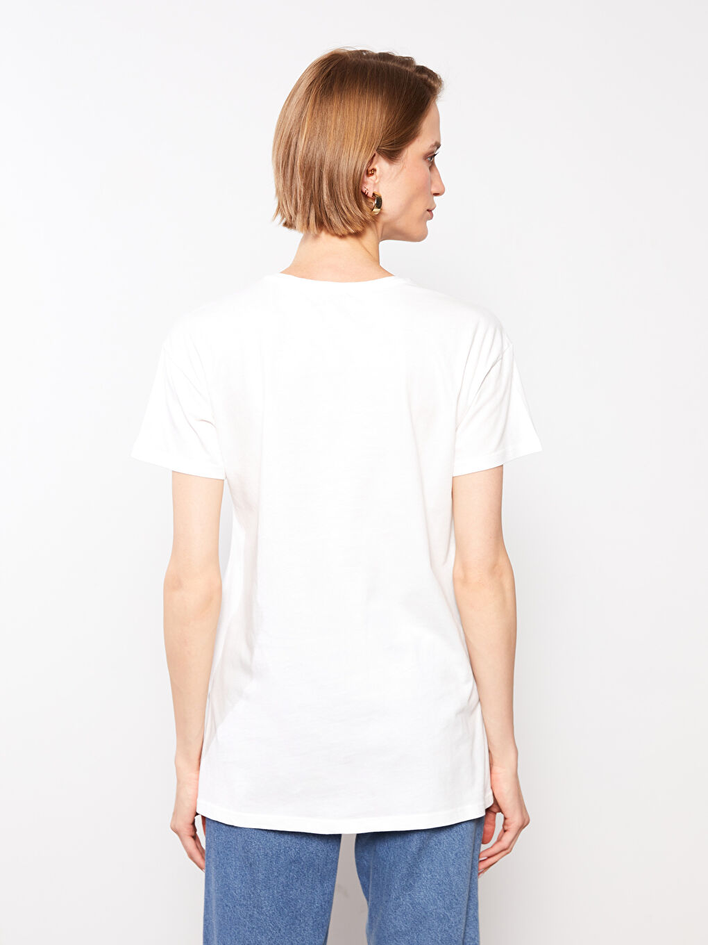 Ekru Bisiklet Yaka Baskılı Kısa Kollu Pamuklu Kadın Tişört-4