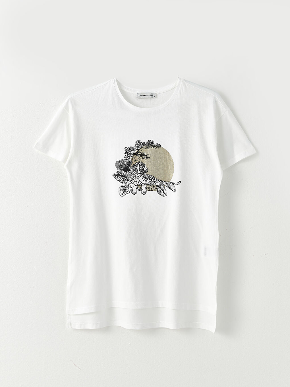 Ekru Bisiklet Yaka Baskılı Kısa Kollu Pamuklu Kadın Tişört-5