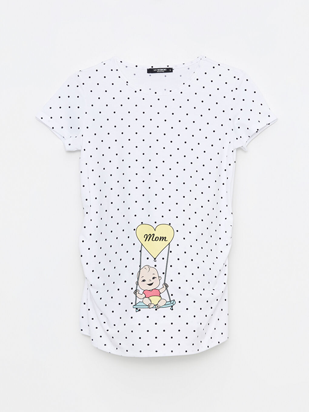 Beyaz Bisiklet Yaka Puantiyeli Kısa Kollu Hamile Tişört-6