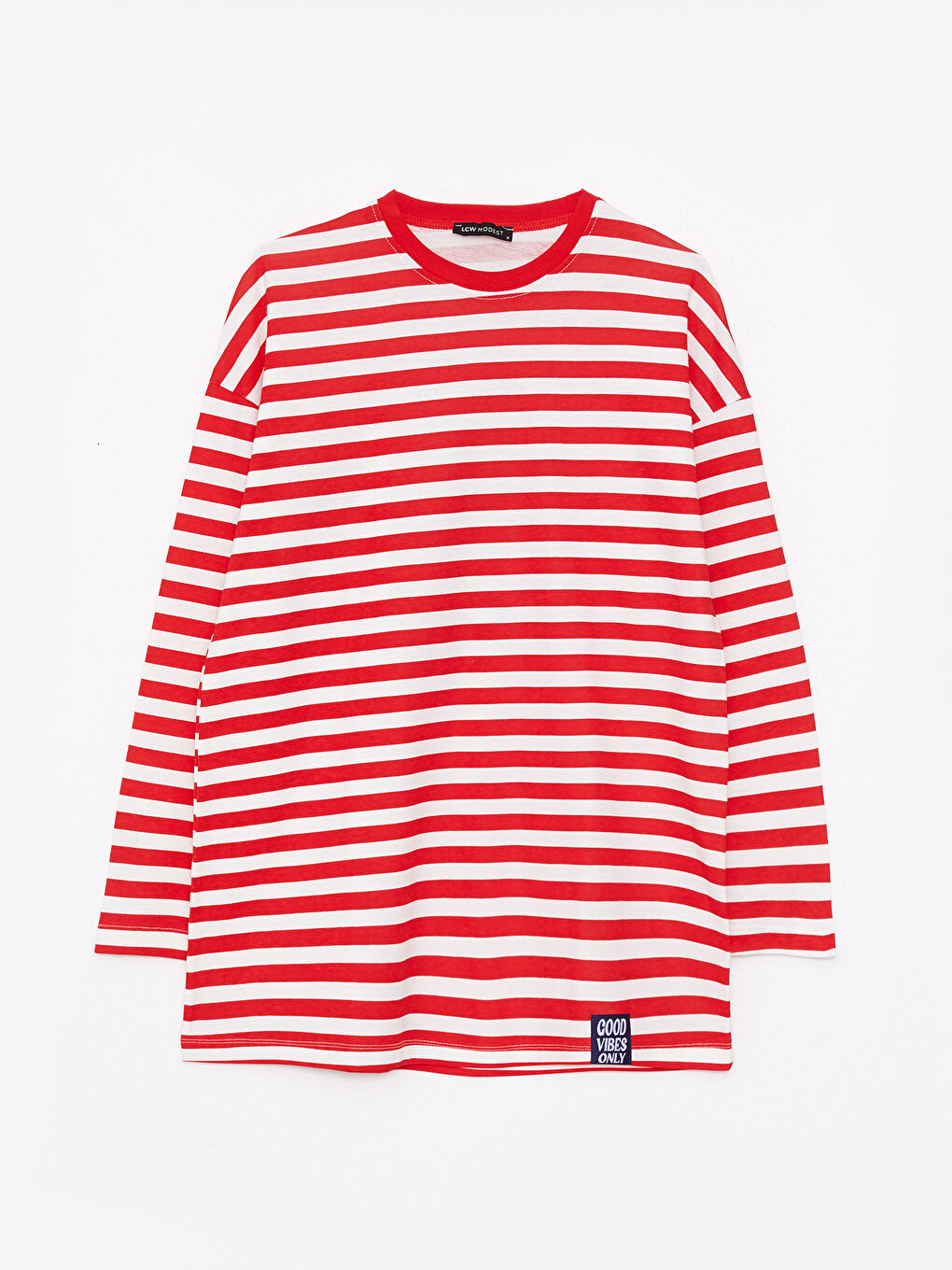 Kırmızı Bisiklet Yaka Çizgili Uzun Kollu Pamuklu Kadın Tunik-5