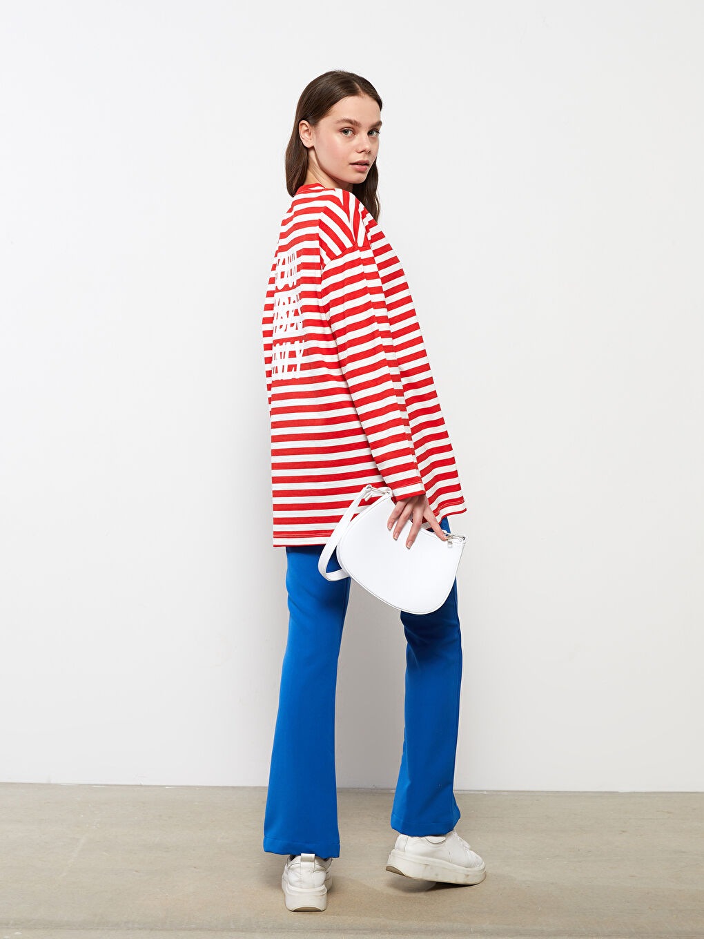 Kırmızı Bisiklet Yaka Çizgili Uzun Kollu Pamuklu Kadın Tunik