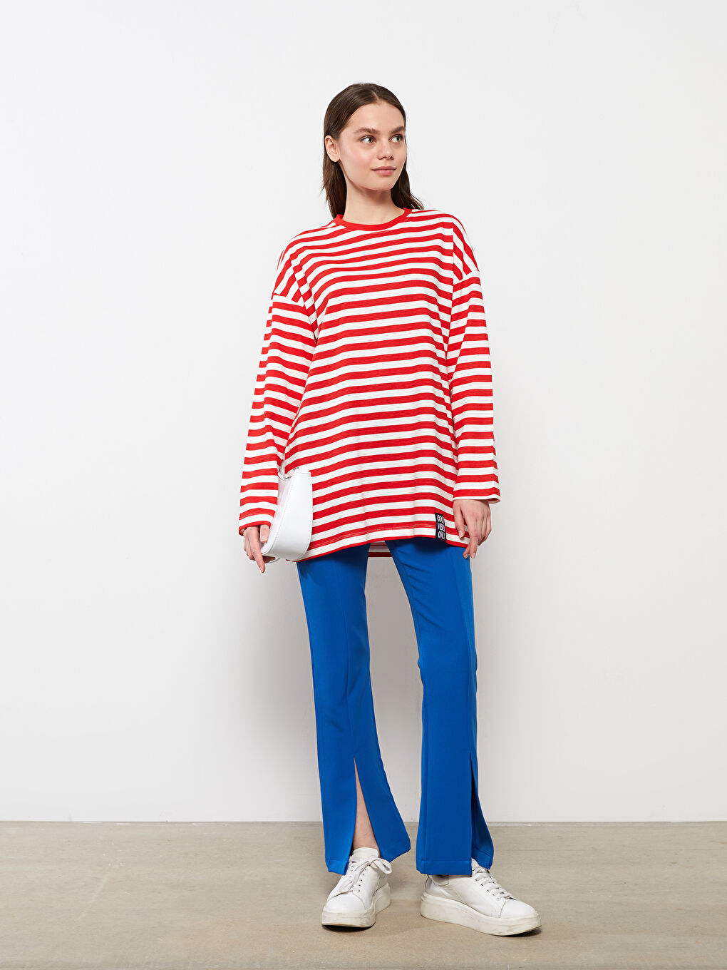 Kırmızı Bisiklet Yaka Çizgili Uzun Kollu Pamuklu Kadın Tunik-1