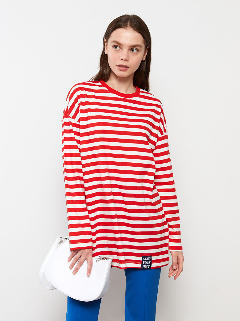 Kırmızı Bisiklet Yaka Çizgili Uzun Kollu Pamuklu Kadın Tunik-2