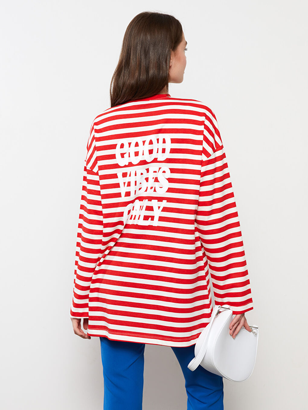 Kırmızı Bisiklet Yaka Çizgili Uzun Kollu Pamuklu Kadın Tunik-4
