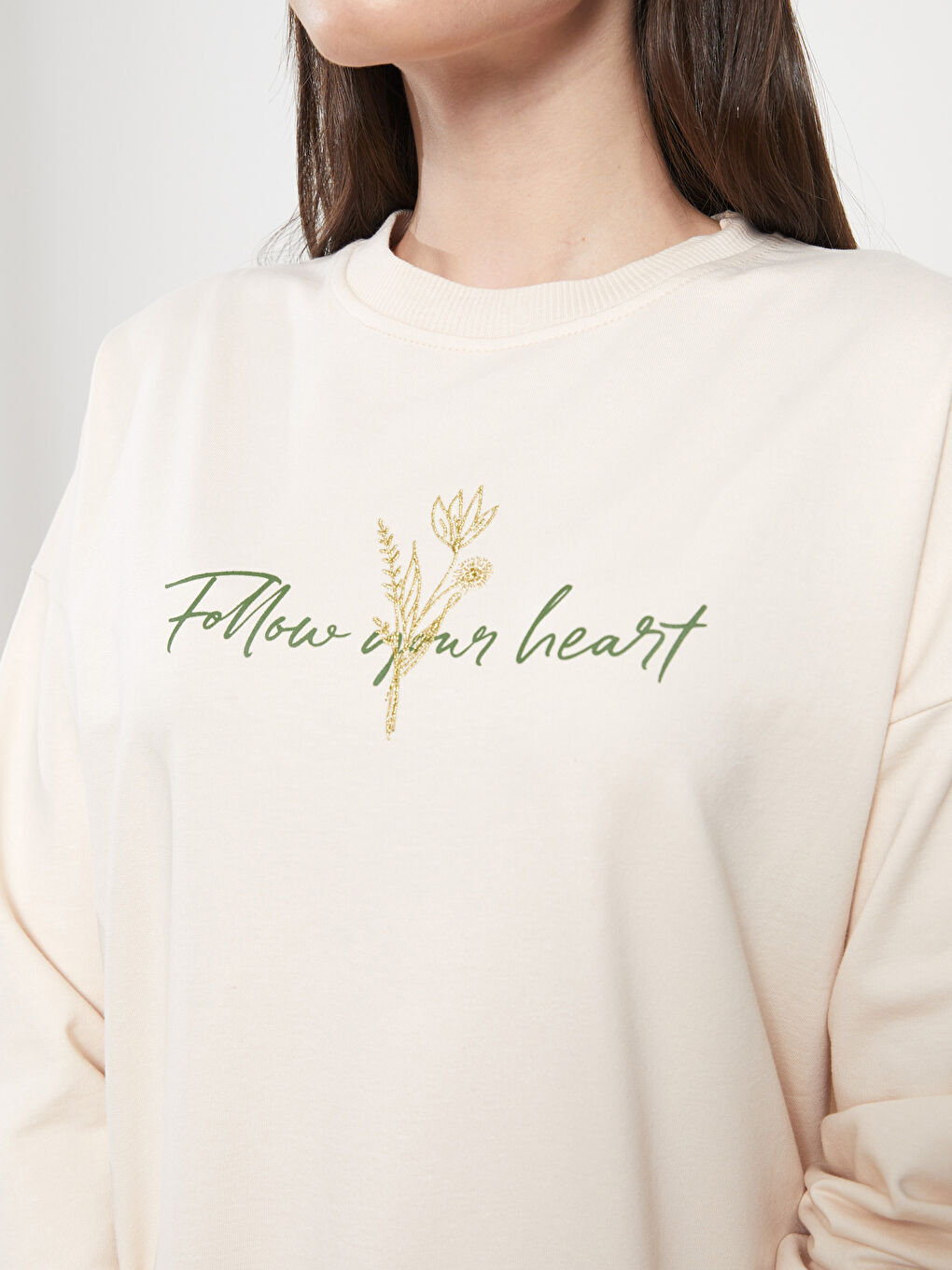 Ekru Bisiklet Yaka Baskılı Uzun Kollu Kadın Sweatshirt Tunik-3