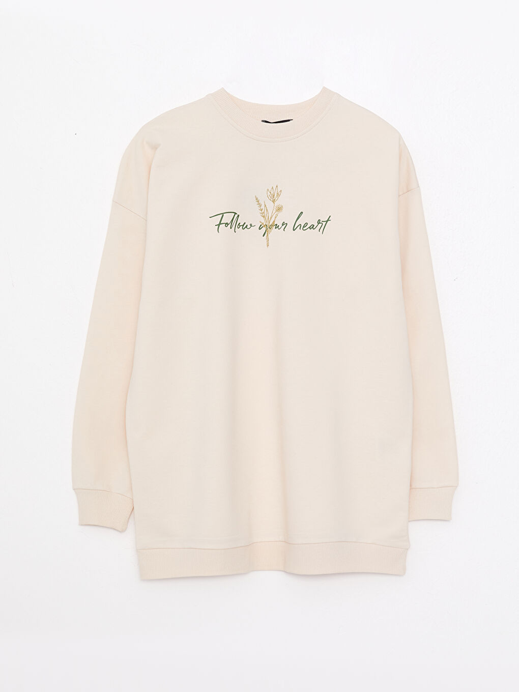 Ekru Bisiklet Yaka Baskılı Uzun Kollu Kadın Sweatshirt Tunik-5