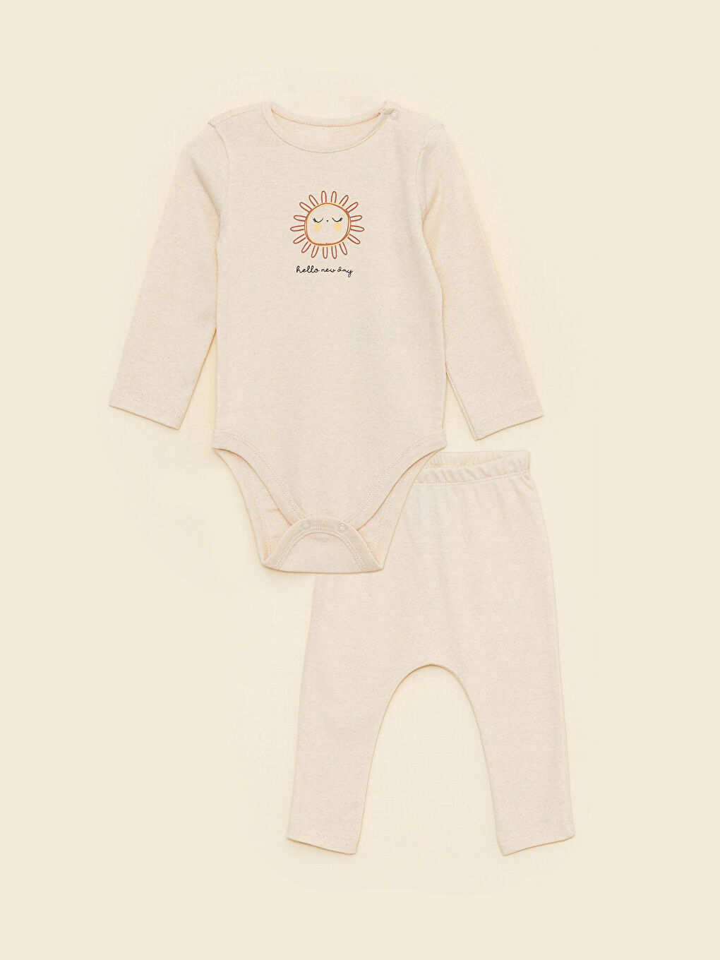 Bej Bisiklet Yaka Uzun Kollu Baskılı Kız Bebek Çıtçıtlı Body ve Pantolon 2'li Takım