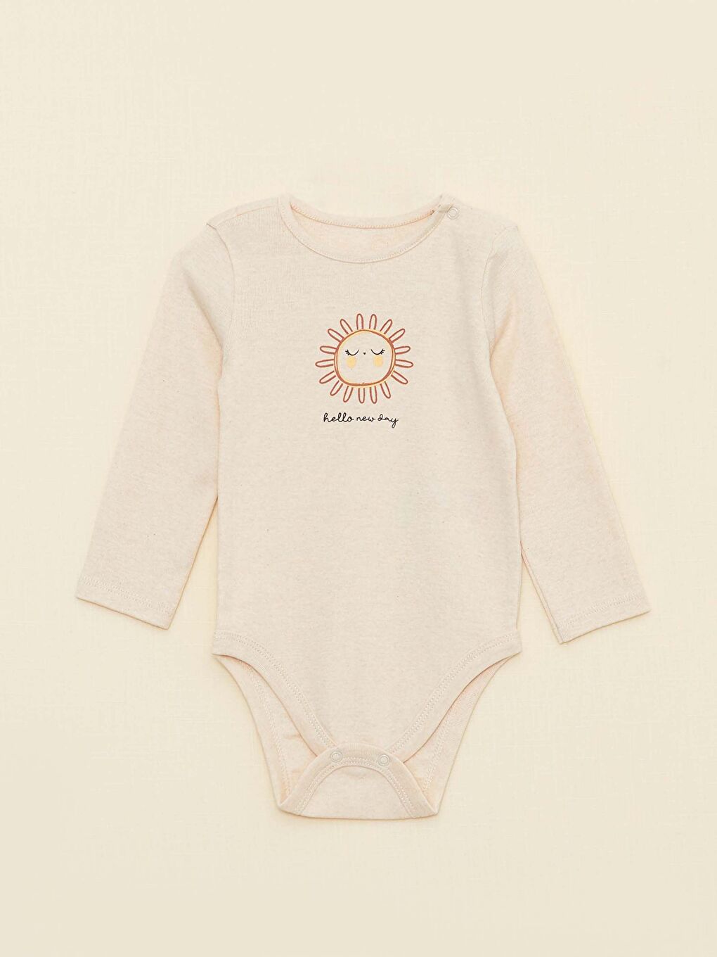 Bej Bisiklet Yaka Uzun Kollu Baskılı Kız Bebek Çıtçıtlı Body ve Pantolon 2'li Takım-1