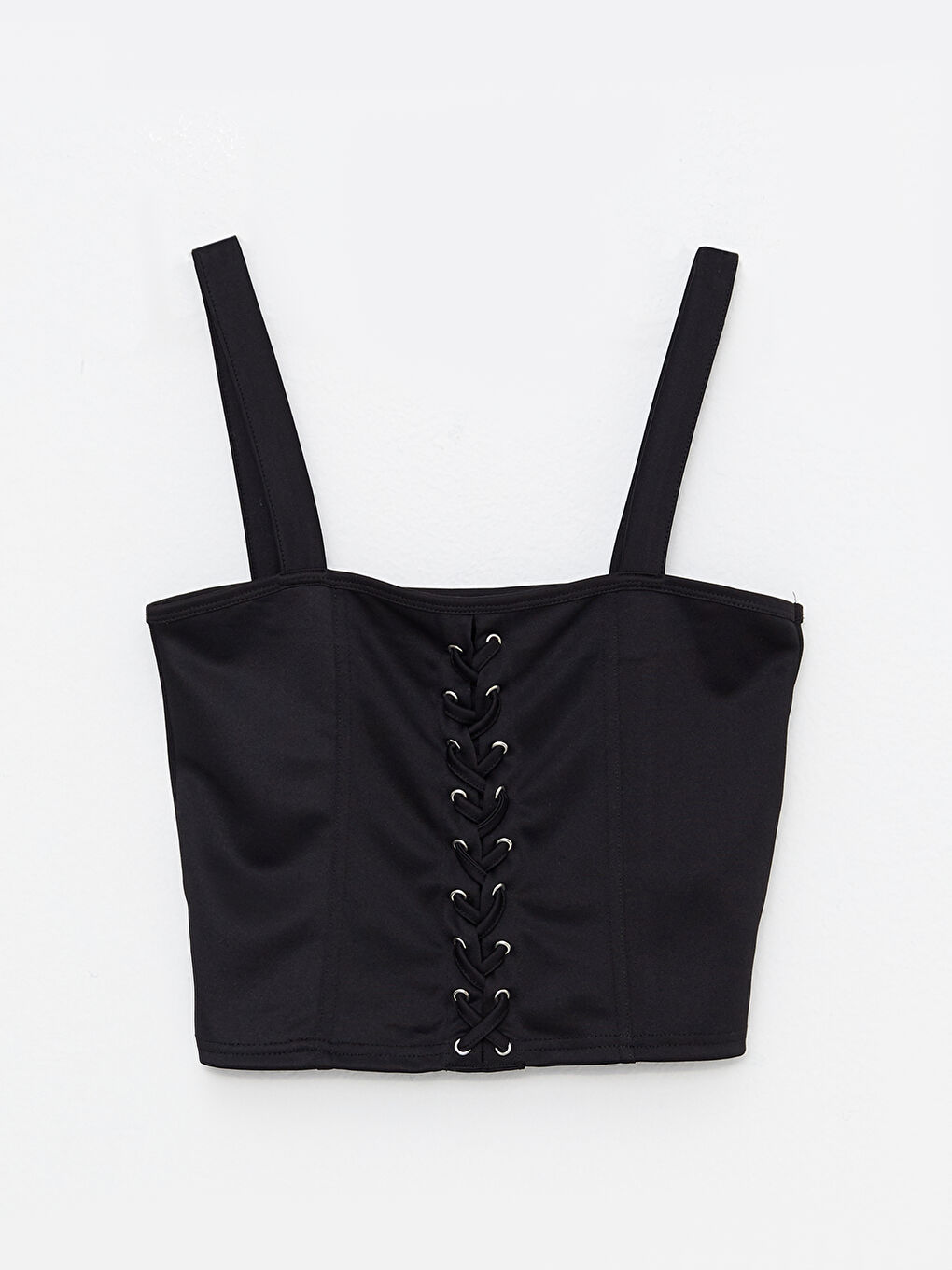 Siyah Kare Yaka Düz Askılı Crop Kadın Bluz-5