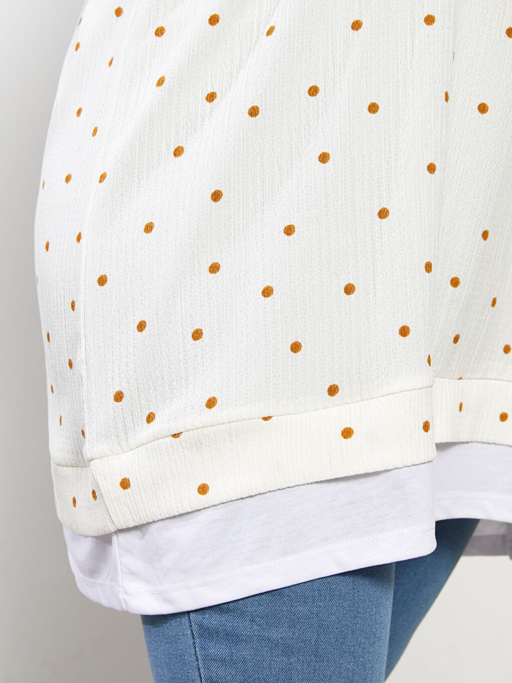 Ekru Büyük Beden Bisiklet Yaka Puantiyeli Uzun Kollu Kadın Tunik-7