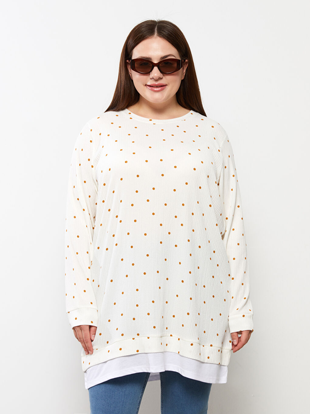 Ekru Büyük Beden Bisiklet Yaka Puantiyeli Uzun Kollu Kadın Tunik-3