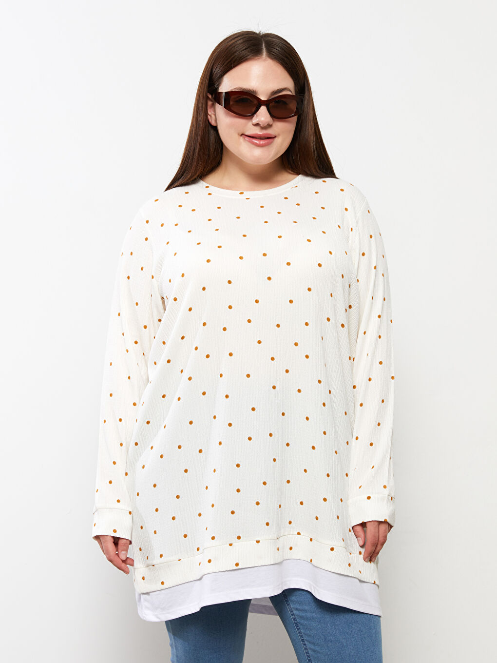 Ekru Büyük Beden Bisiklet Yaka Puantiyeli Uzun Kollu Kadın Tunik-5