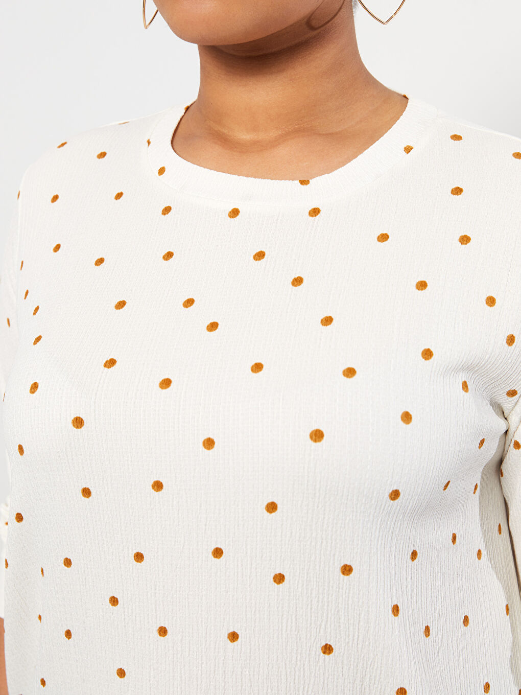 Ekru Büyük Beden Bisiklet Yaka Puantiyeli Uzun Kollu Kadın Tunik-6