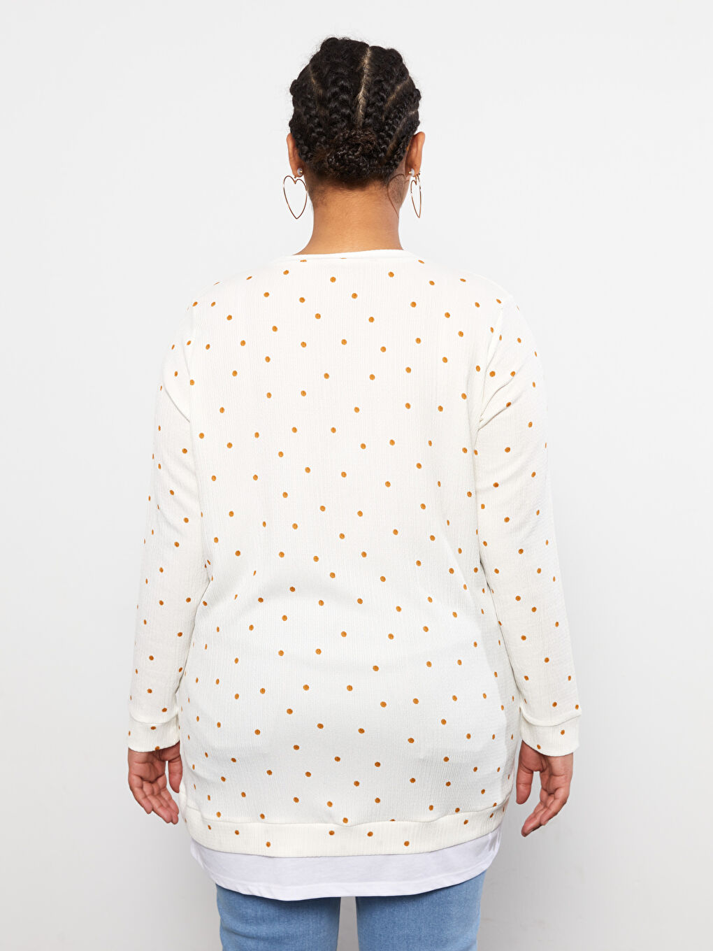 Ekru Büyük Beden Bisiklet Yaka Puantiyeli Uzun Kollu Kadın Tunik-8