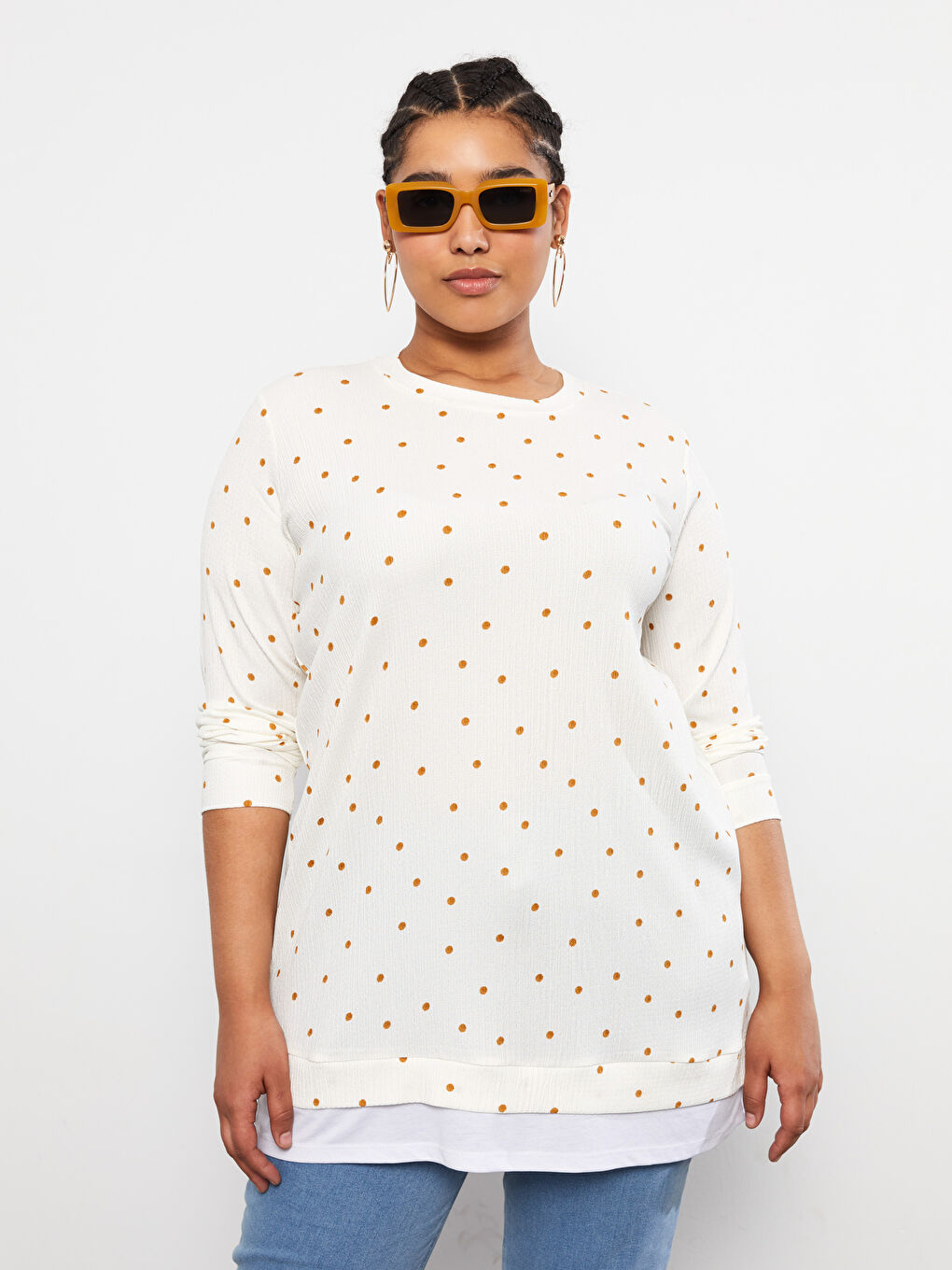 Ekru Büyük Beden Bisiklet Yaka Puantiyeli Uzun Kollu Kadın Tunik-4