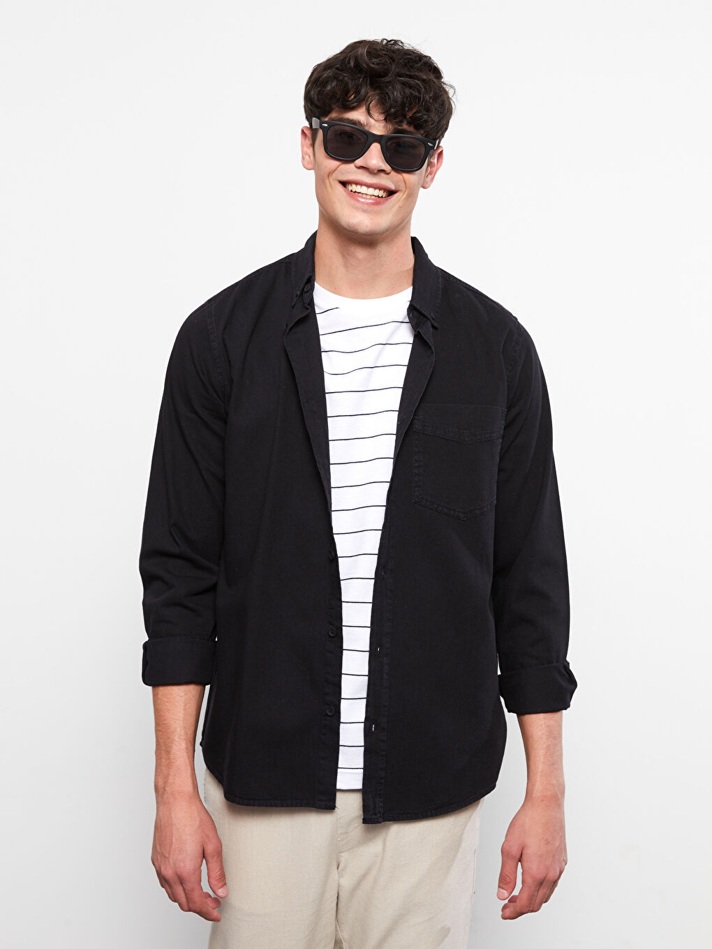 Siyah Rahat Kalıp Uzun Kollu Erkek Jean Gömlek-2