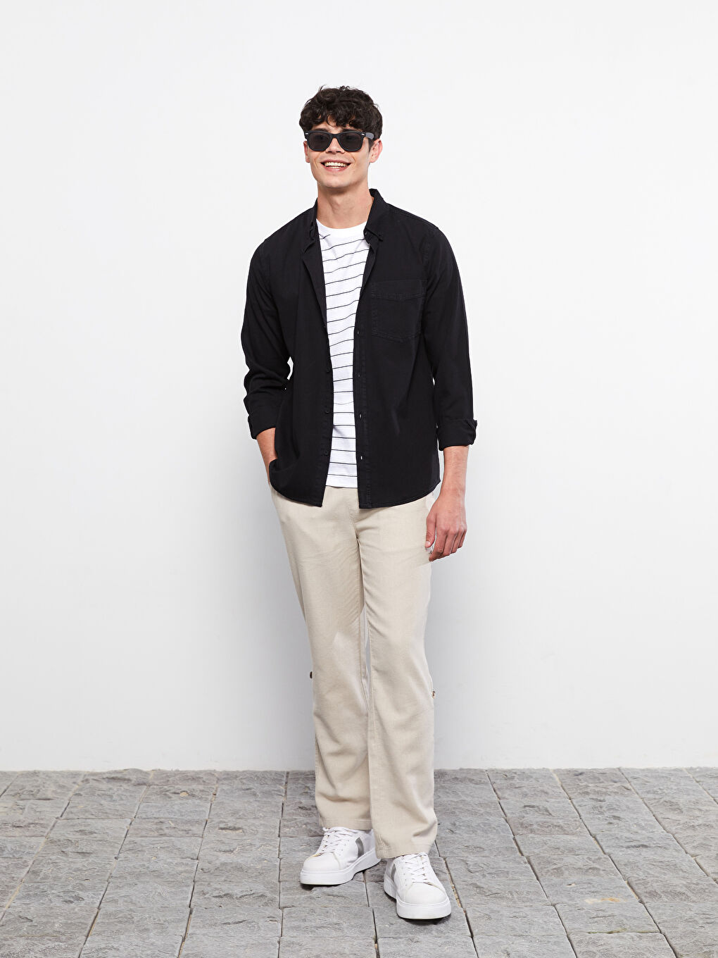 Siyah Rahat Kalıp Uzun Kollu Erkek Jean Gömlek-3