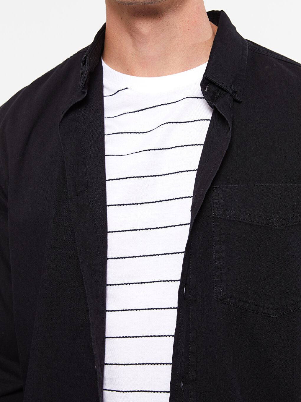 Siyah Rahat Kalıp Uzun Kollu Erkek Jean Gömlek-4