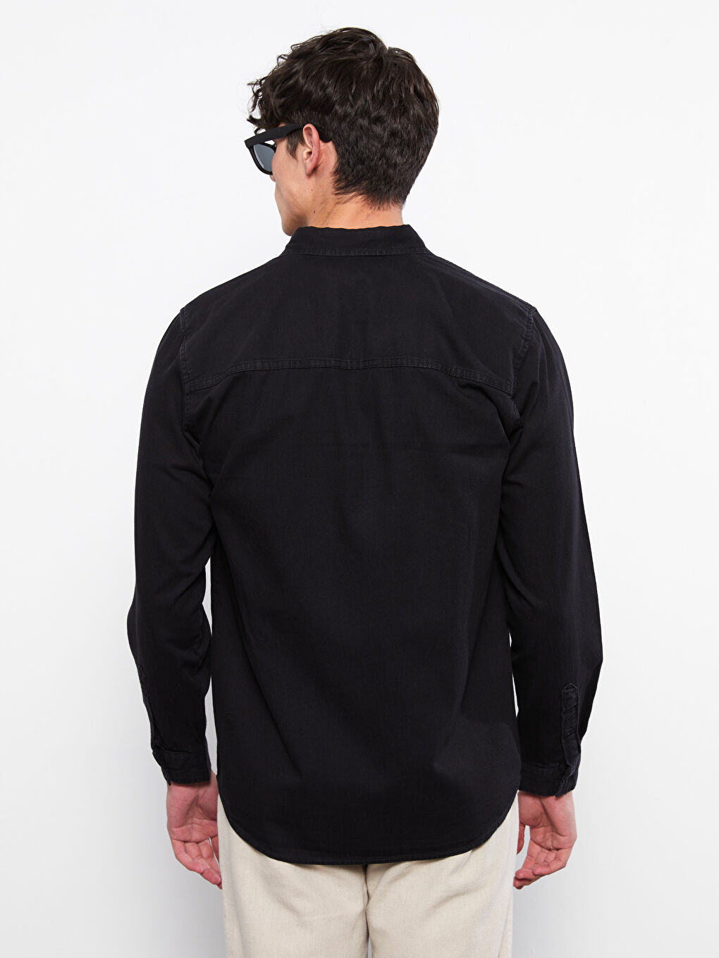 Siyah Rahat Kalıp Uzun Kollu Erkek Jean Gömlek-5