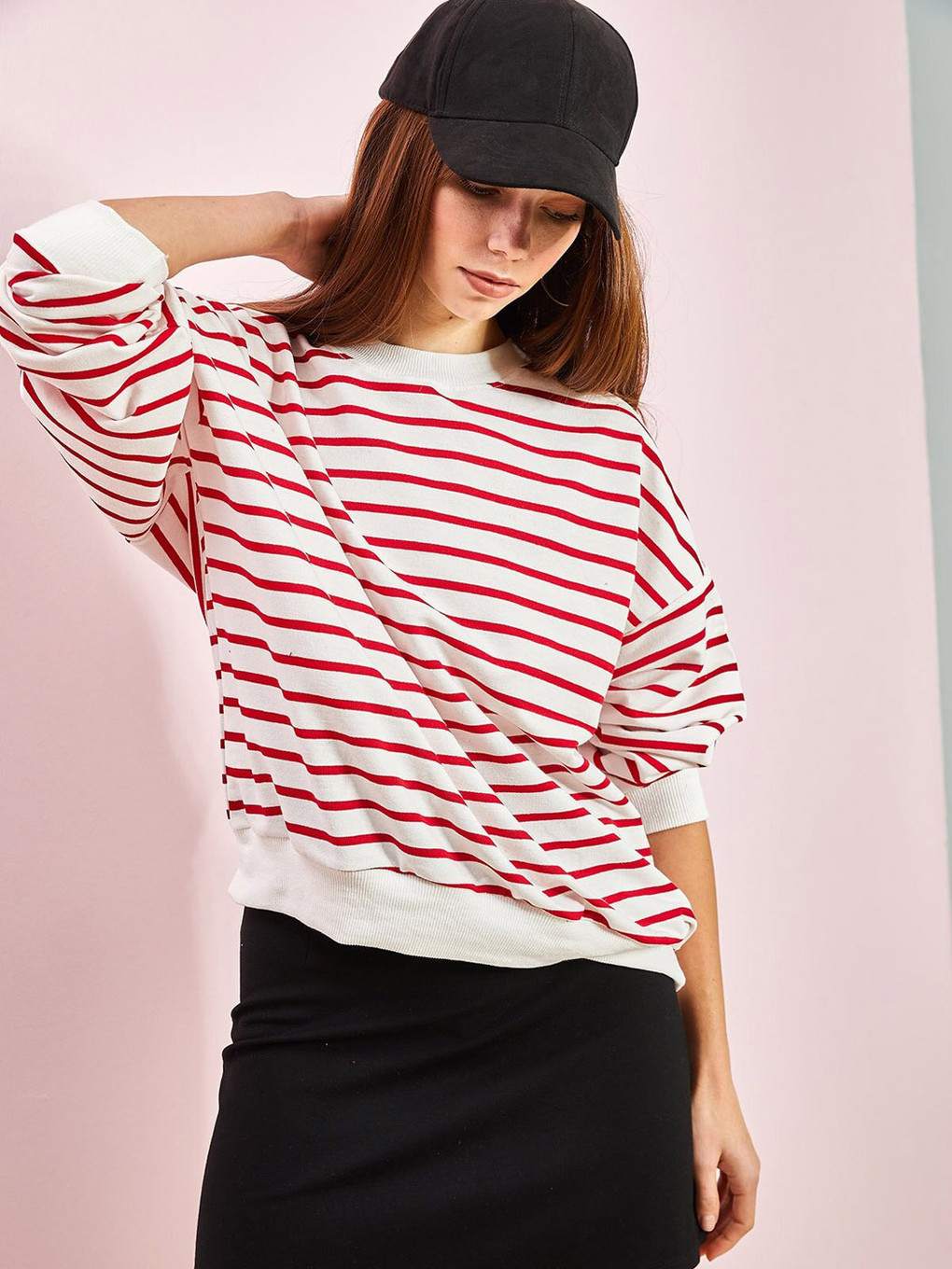 Kırmızı Bisiklet Yaka Çizgili Uzun Kollu Oversize Pamuklu Kadın Sweatshirt-2