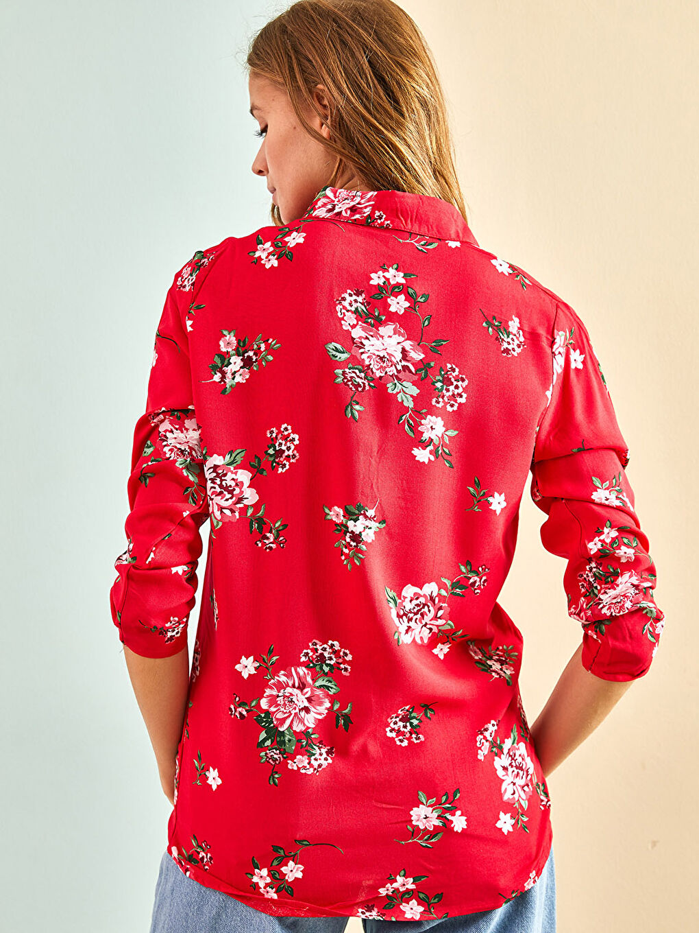 Kahverengi Önden Düğme Kapamalı Çiçekli Keten Kadın Gömlek-3