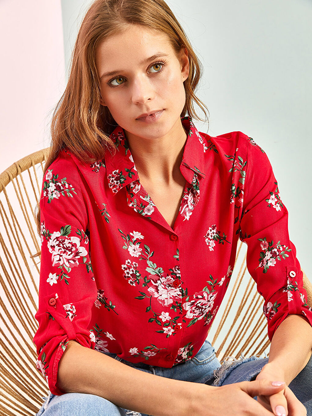 Kahverengi Önden Düğme Kapamalı Çiçekli Keten Kadın Gömlek-4