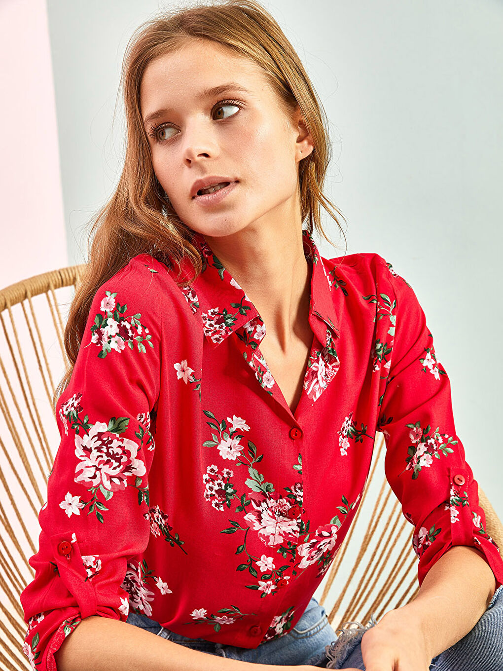 Kahverengi Önden Düğme Kapamalı Çiçekli Keten Kadın Gömlek-5