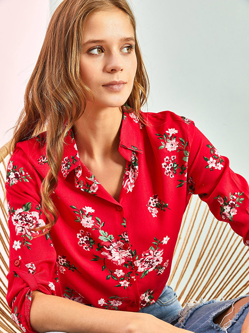 Kahverengi Önden Düğme Kapamalı Çiçekli Keten Kadın Gömlek-6