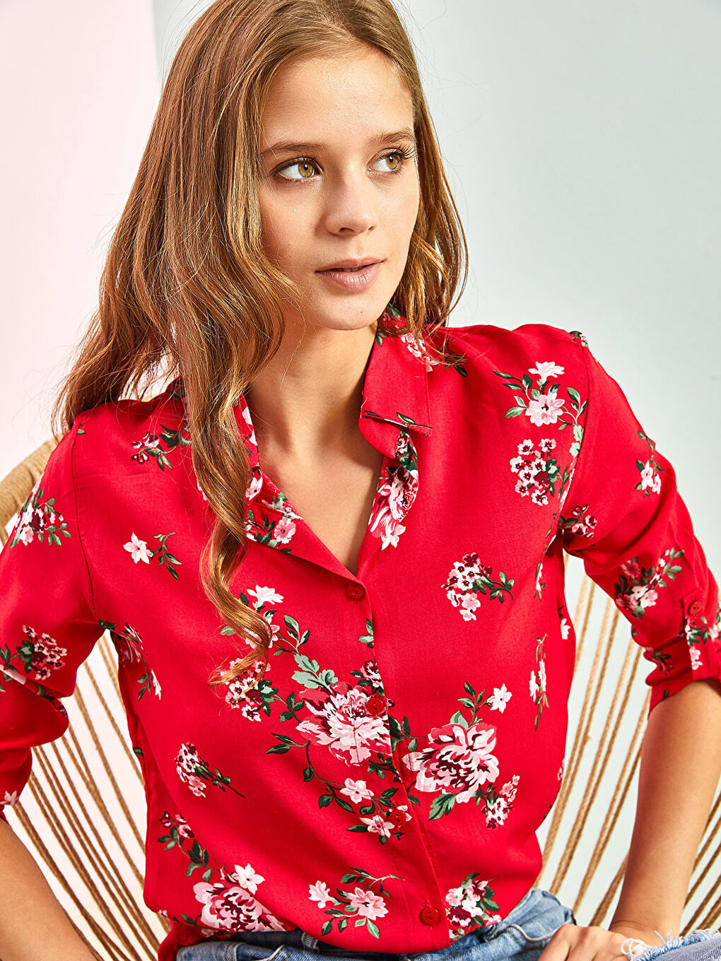 Kahverengi Önden Düğme Kapamalı Çiçekli Keten Kadın Gömlek-7